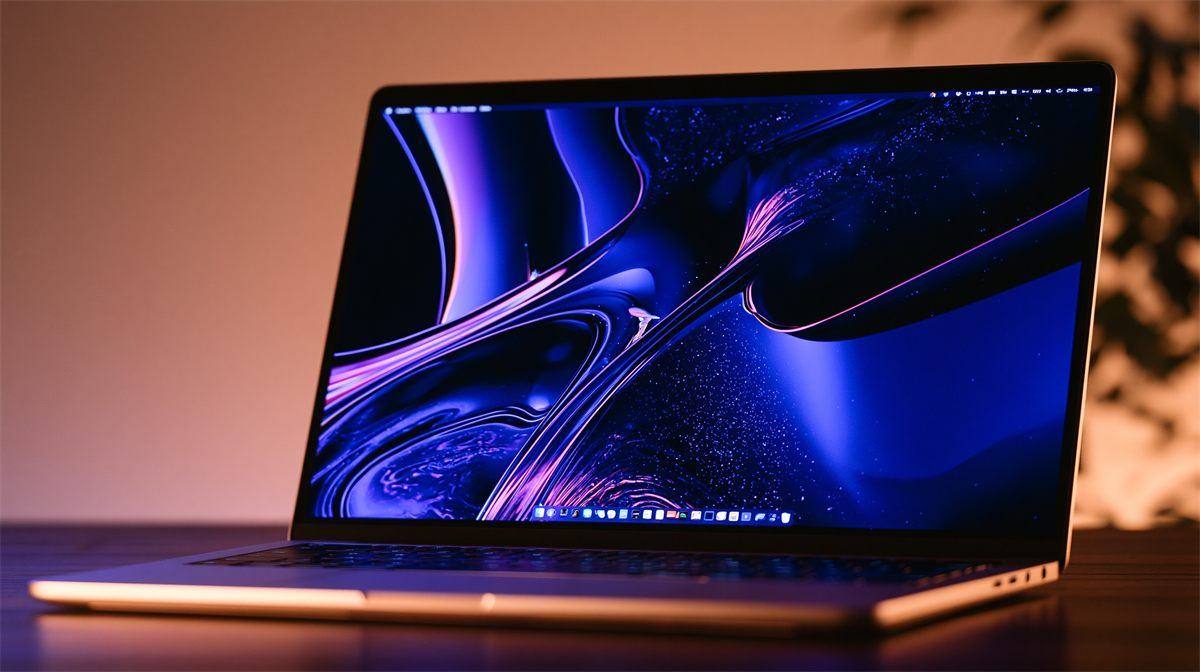 Laptop con schermata astratta nei toni del viola